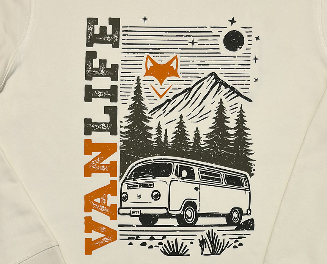 Illustration vanlife kaki et orange avec van et montagnes, esprit aventure responsable