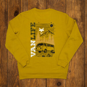 Sweat vanlife à manches longues présenté à plat, lifestyle écoresponsable