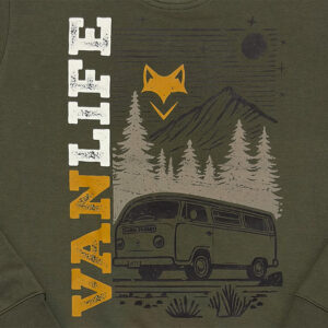 Zoom sur visuel vanlife sur sweat verdure nomade