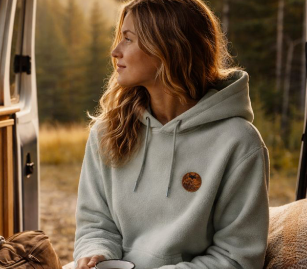 Femme portant le sweat polaire 100% recyclé coloris rivière alpine avec patch en suédine