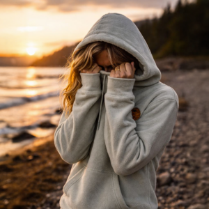 Femme cachant son visage avec le sweat polaire vanlife en bord de mer au couché du soleil