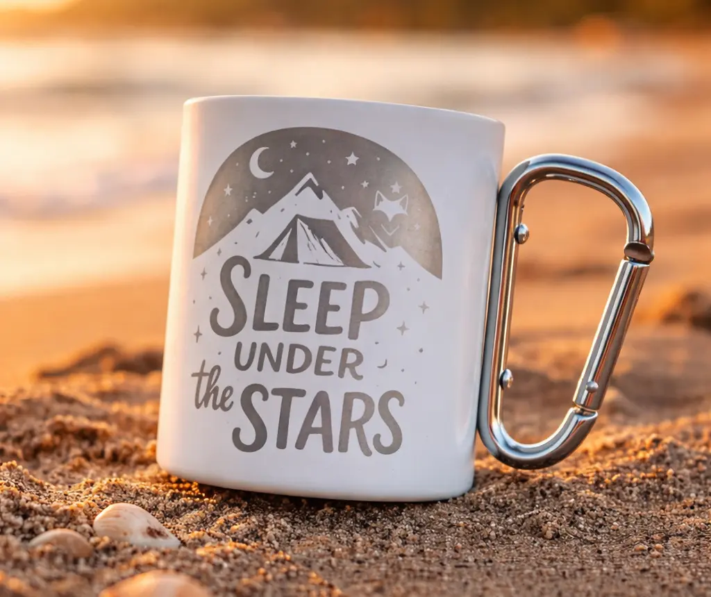 tasse en inox sur sable en bord de mer dans le sud de la france gravée avec un motif bivouac