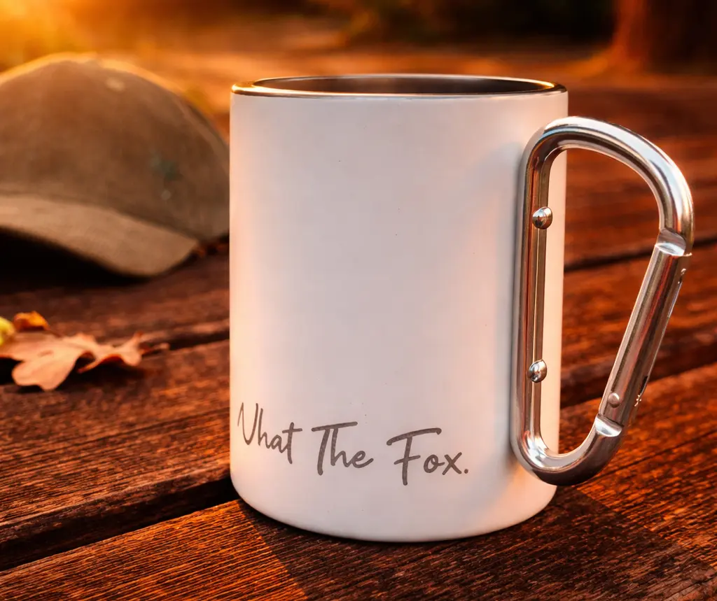 Tasse en inox recyclé en condition road trip van life de couleur blanche avec logo what the fox poignée mousqueton