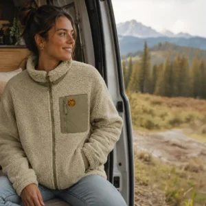 Femme portant une veste sherpa beige dans un van face aux montagnes, ambiance van life