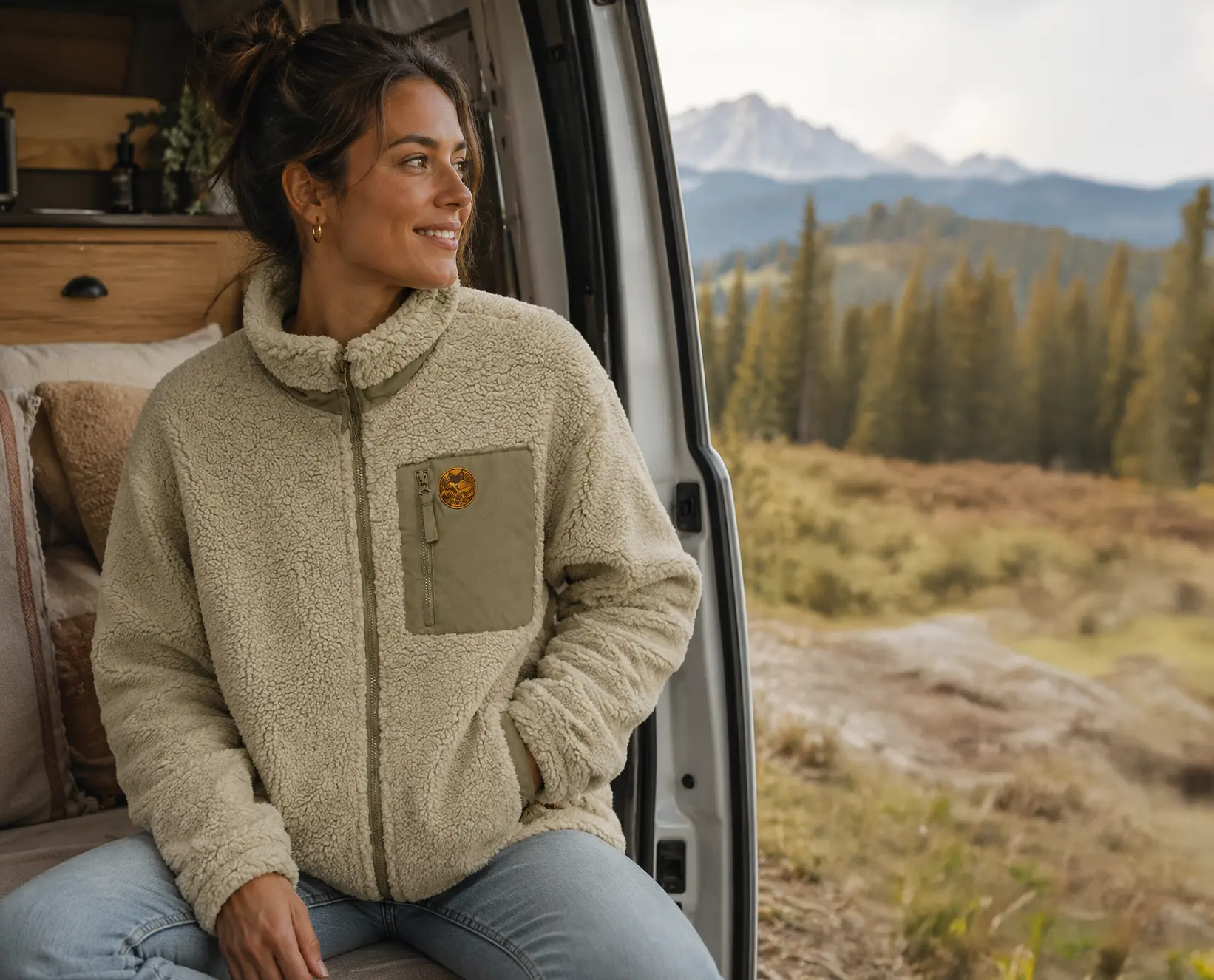 Femme portant une veste sherpa beige dans un van face aux montagnes, ambiance van life