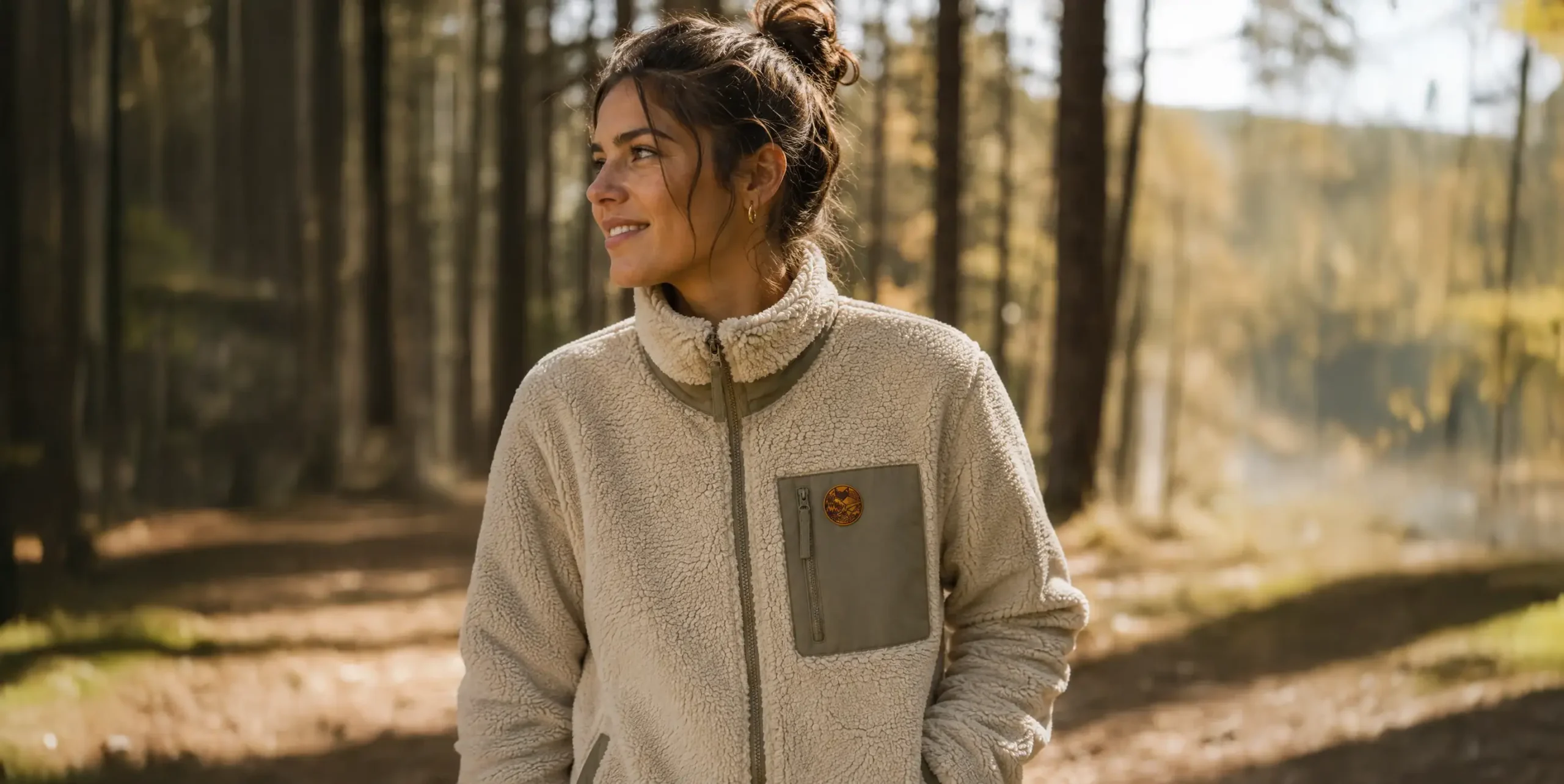 Femme portant une veste sherpa beige en forêt, style van life