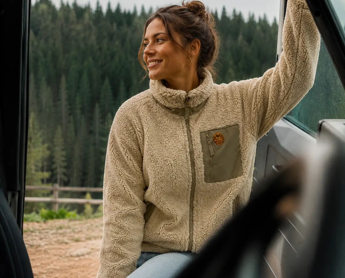 Femme portant une veste sherpa beige devant une forêt, inspiration van life