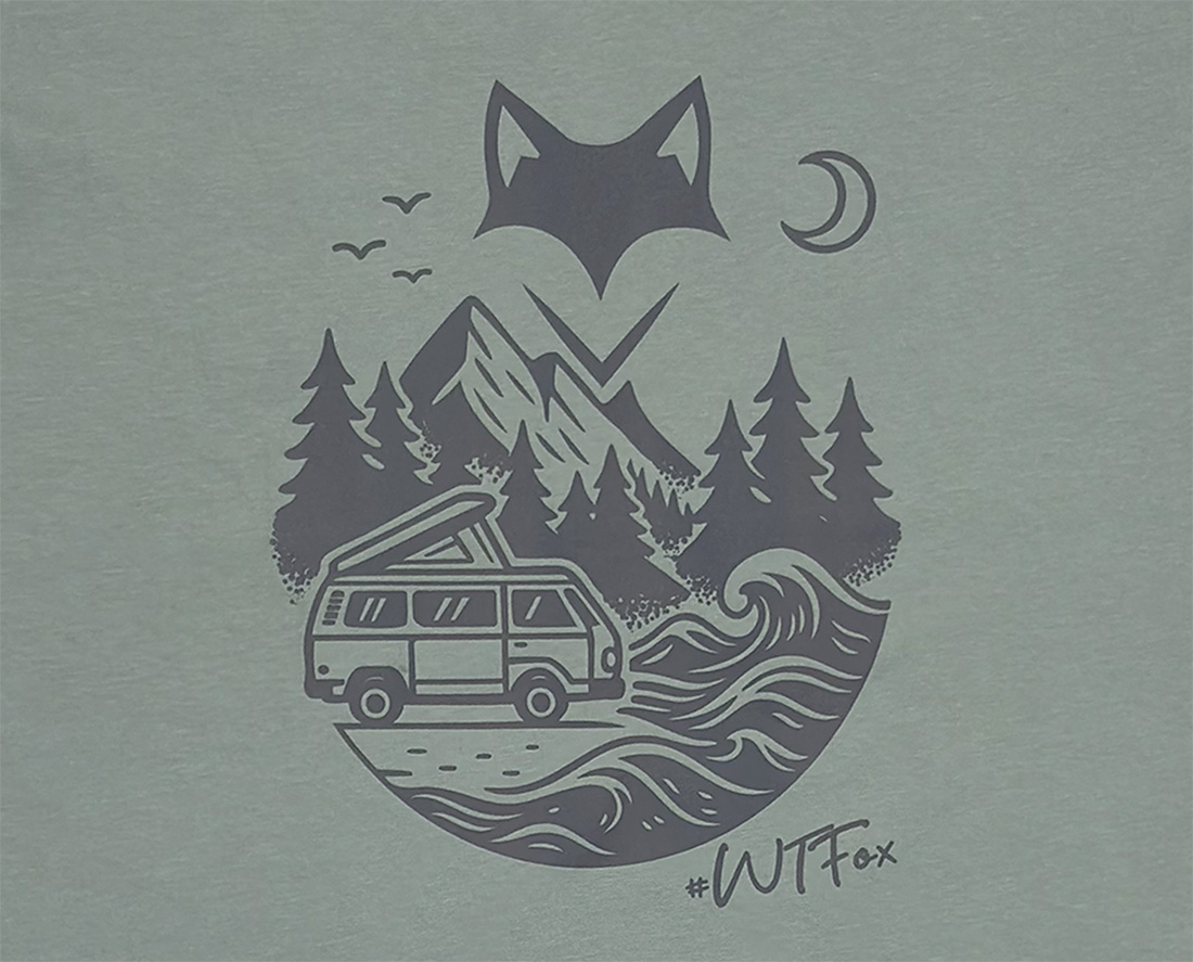 Illustration van et montagnes imprimée sur t-shirt bio, univers vanlife