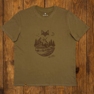 T-shirt marron illustré présenté à plat, mode lifestyle durable