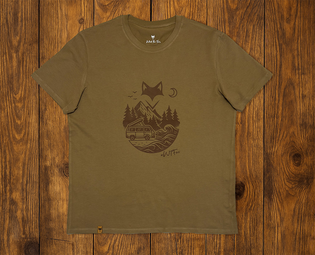 T-shirt marron illustré présenté à plat, mode lifestyle durable