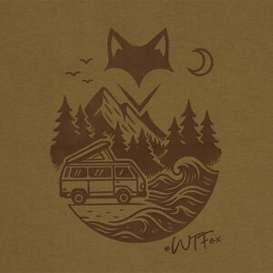 Illustration van et forêt imprimée sur t-shirt marron, esprit road trip