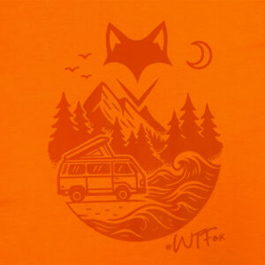 Illustration renard et van imprimée sur t-shirt orange en ton sur ton, univers vanlife