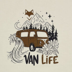 Illustration vanlife avec renard et van imprimée sur T-shirt en coton bio