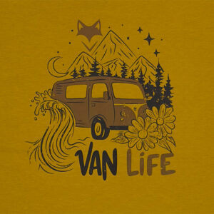 Illustration vanlife avec van et montagnes imprimée en jaune moutarde, esprit road trip