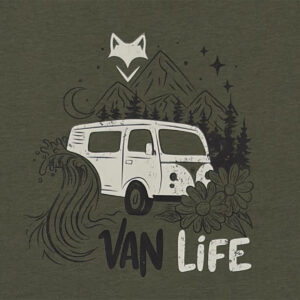 Illustration van et forêt imprimée sur t-shirt vert foncé, aventure responsable