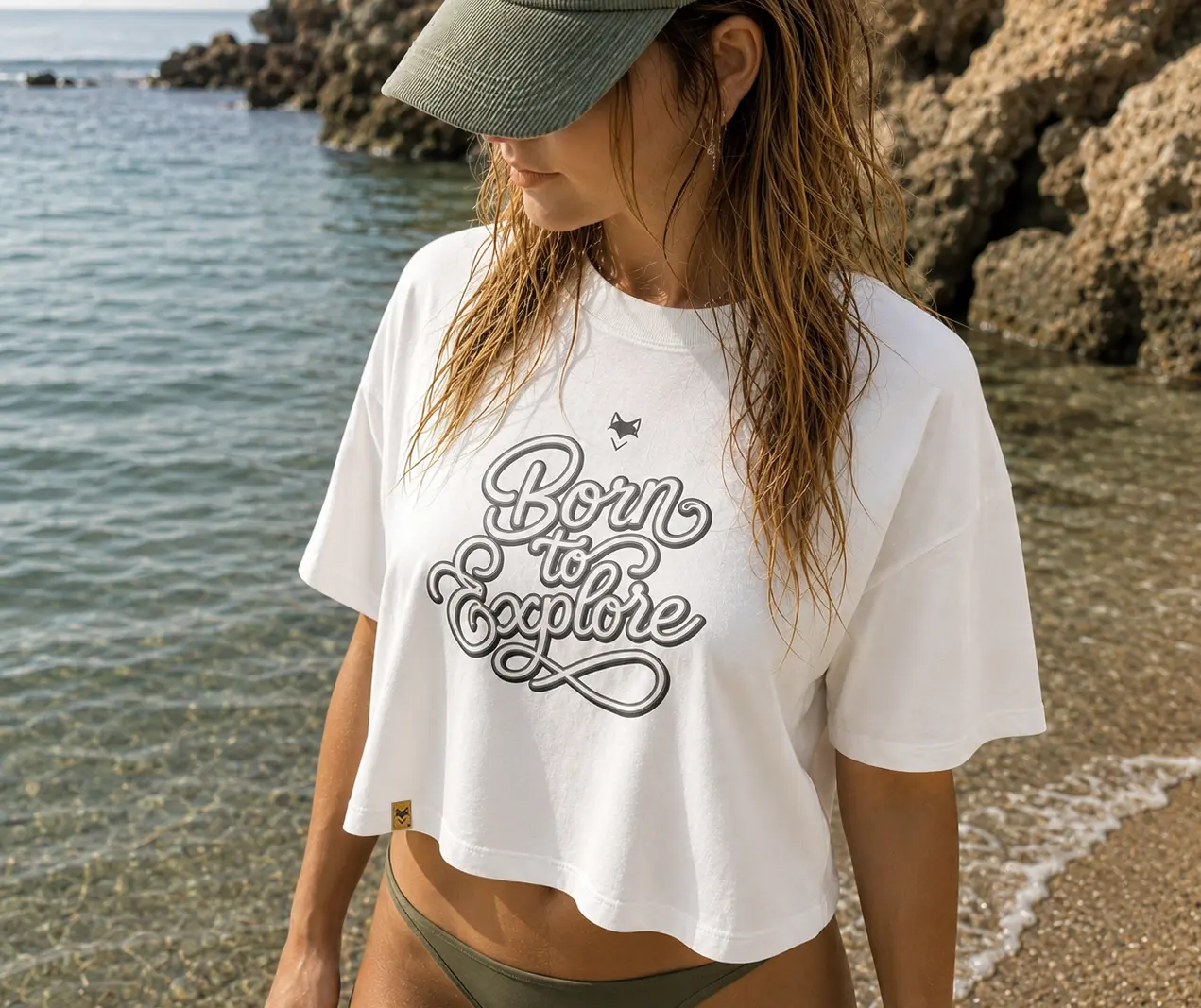 femme en bord de mer portant le tee shirt oversize court vanlife de la marque au petit renard