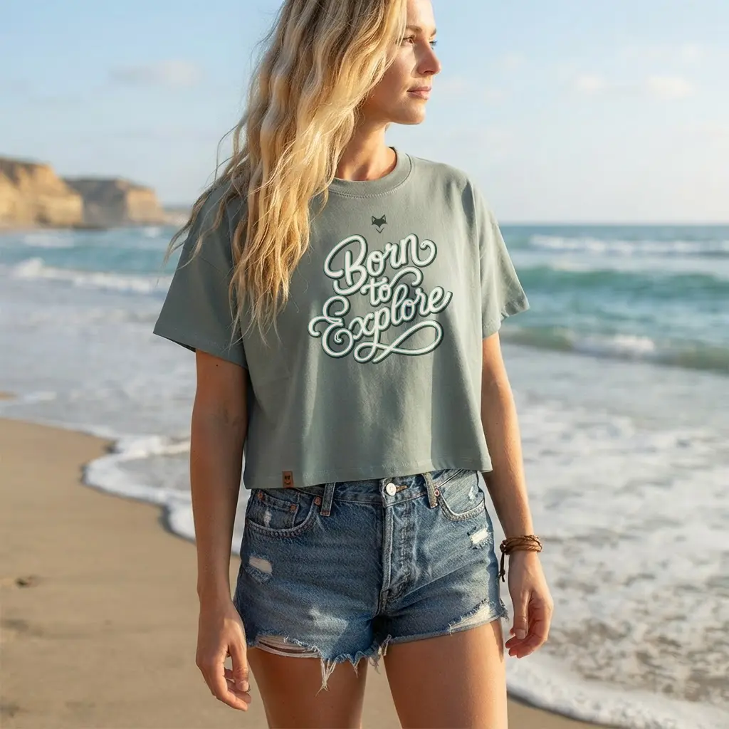 femme en bord de mer portant un t-shirt van life lors d'un road trip en france