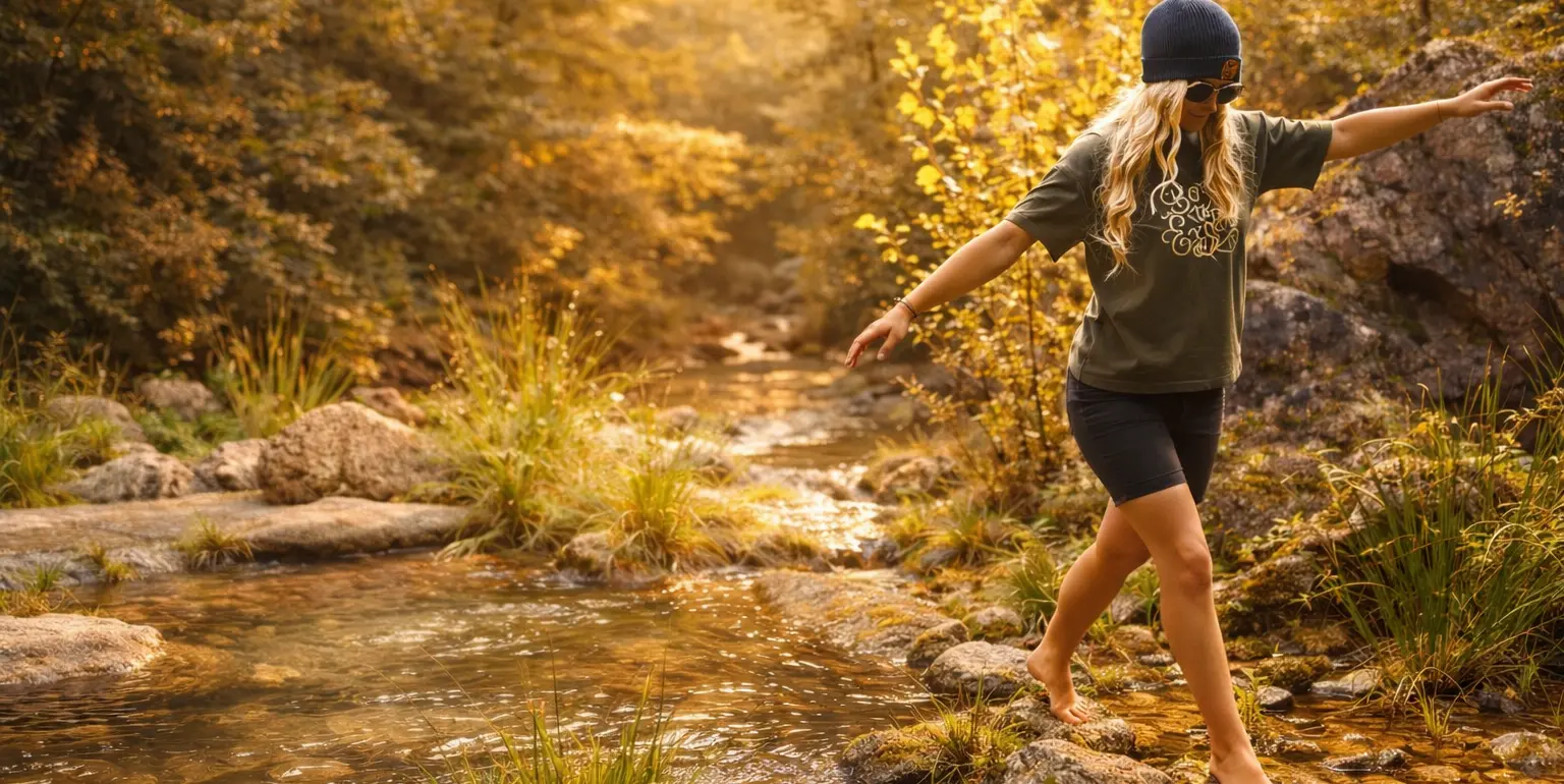 t-shirt oversize court porté par une femme qui traverse la rivière