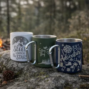 Assortiment des nos mugs gravés avec mousqueton pour les aventuriers de la nature