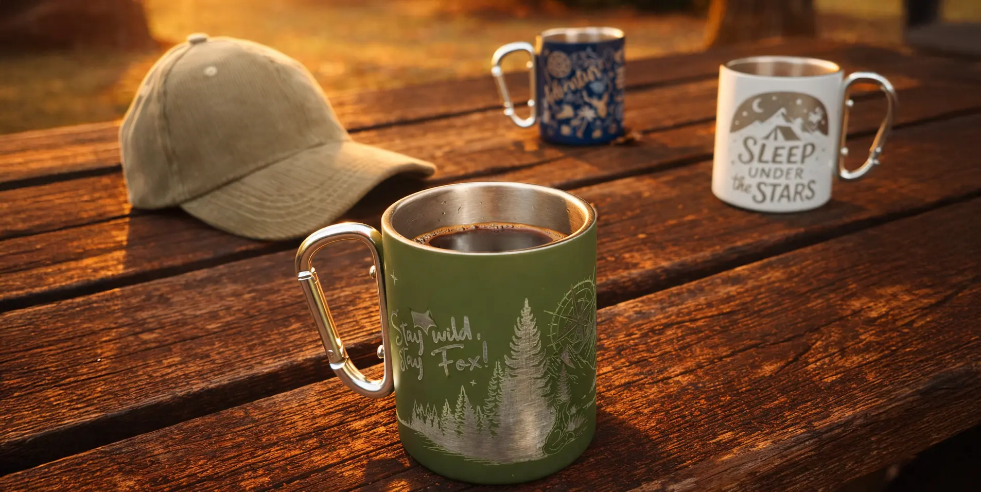 assortiment de nos Tasses vanlife en extérieur lors d'un bivouac