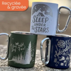 Assortiment des nos mugs gravés avec mousqueton pour les aventuriers de la nature