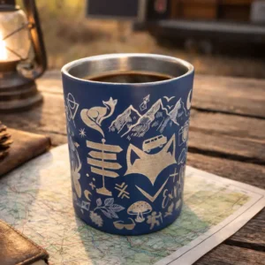 mug van life en inox recyclé gravure : motifs van life, aventures, outdoor idéal pour accompagner lors de rando, bivouac grâce à sa poignée mousqueton