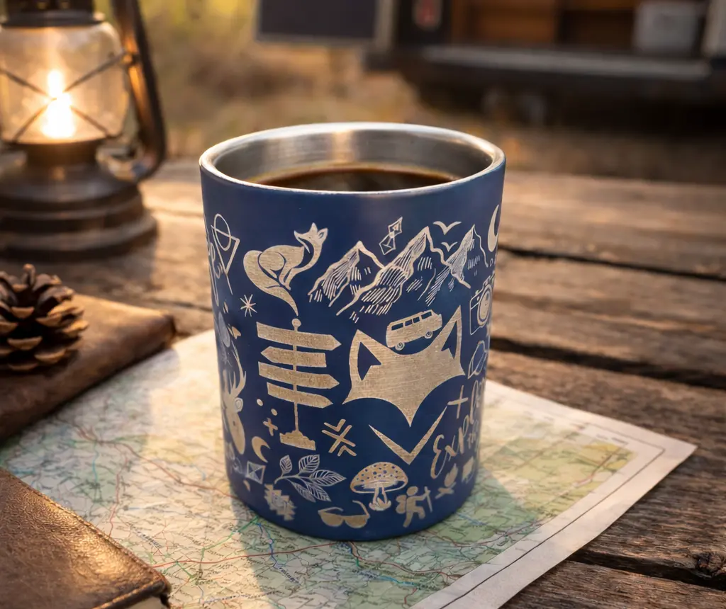 mug van life en inox recyclé gravure : motifs van life, aventures, outdoor idéal pour accompagner lors de rando, bivouac grâce à sa poignée mousqueton