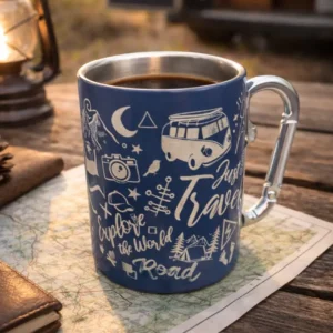 mug mousqueton pris dans une ambiance road trip au couché du soleil