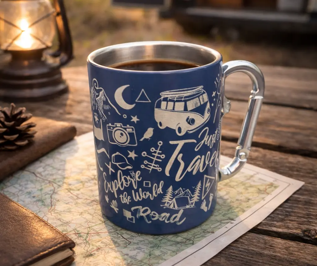 mug mousqueton pris dans une ambiance road trip au couché du soleil