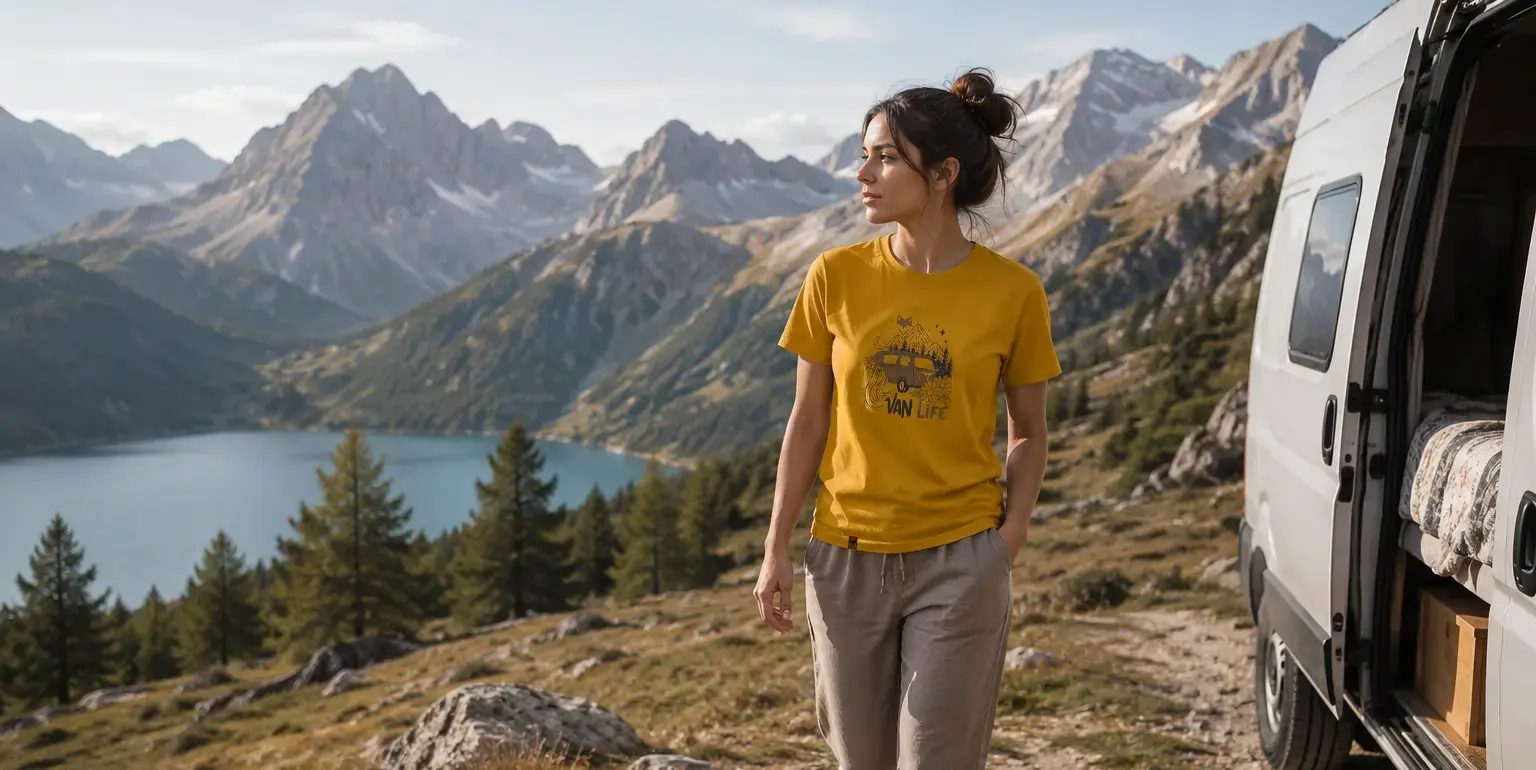 T-shirt femme vanlife jaune moutarde porté en montagne