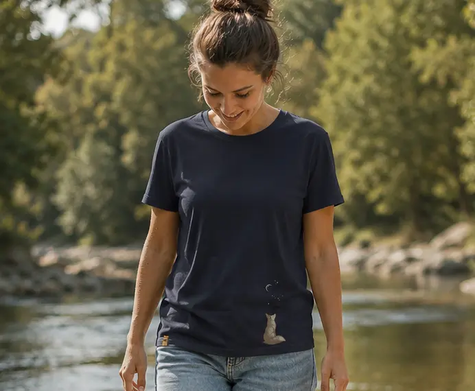 T-SHIRT DE LA MARQUE DU RENERD VAN LIFE PORTé par une femme en bord de rivière lors d'un road trip