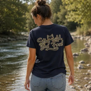 T-SHIRT DE LA MARQUE DU RENARD VAN LIFE PORTé par une femme en bord de rivière lors d'un road trip vue de dos