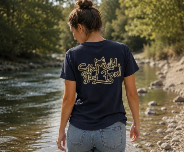 T-SHIRT DE LA MARQUE DU RENARD VAN LIFE PORTé par une femme en bord de rivière lors d'un road trip vue de dos