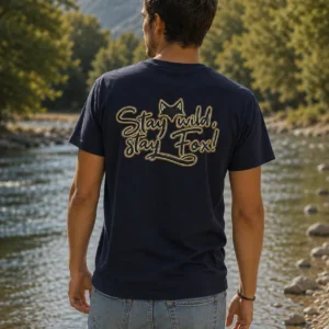 T-SHIRT DE LA MARQUE DU RENARD VAN LIFE PORTé par une HOmme en bord de rivière lors d'un road trip vue de dos