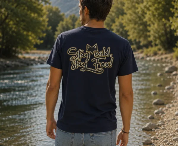 T-SHIRT DE LA MARQUE DU RENARD VAN LIFE PORTé par une HOmme en bord de rivière lors d'un road trip vue de dos