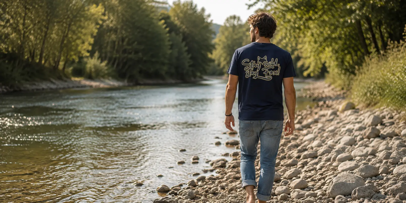 homme de dos en bord de rivière de dos portant un t-shirt van life