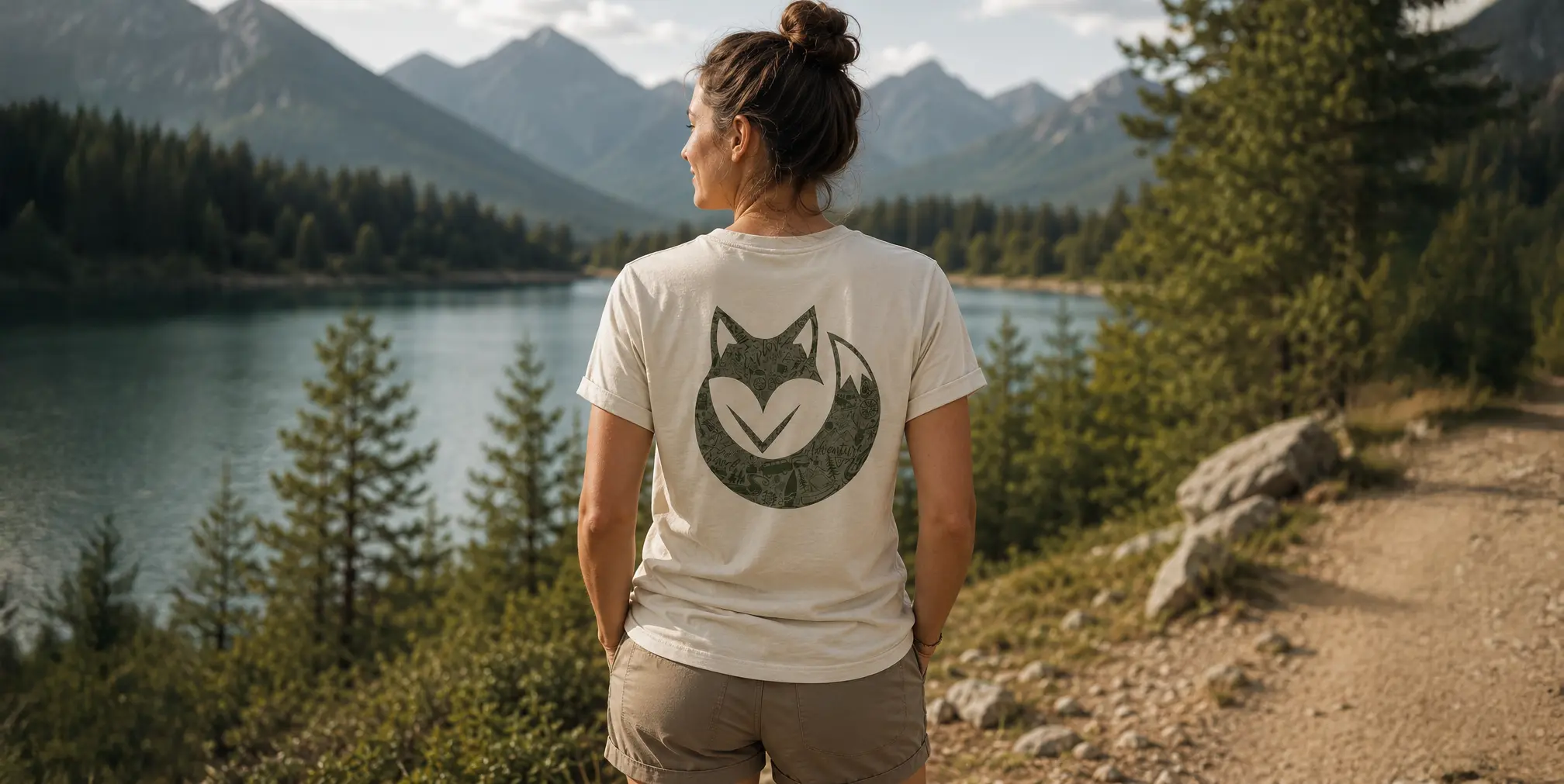 Femme portant un t-shirt vanlife lors d'un road trip avec notre logo de renard
