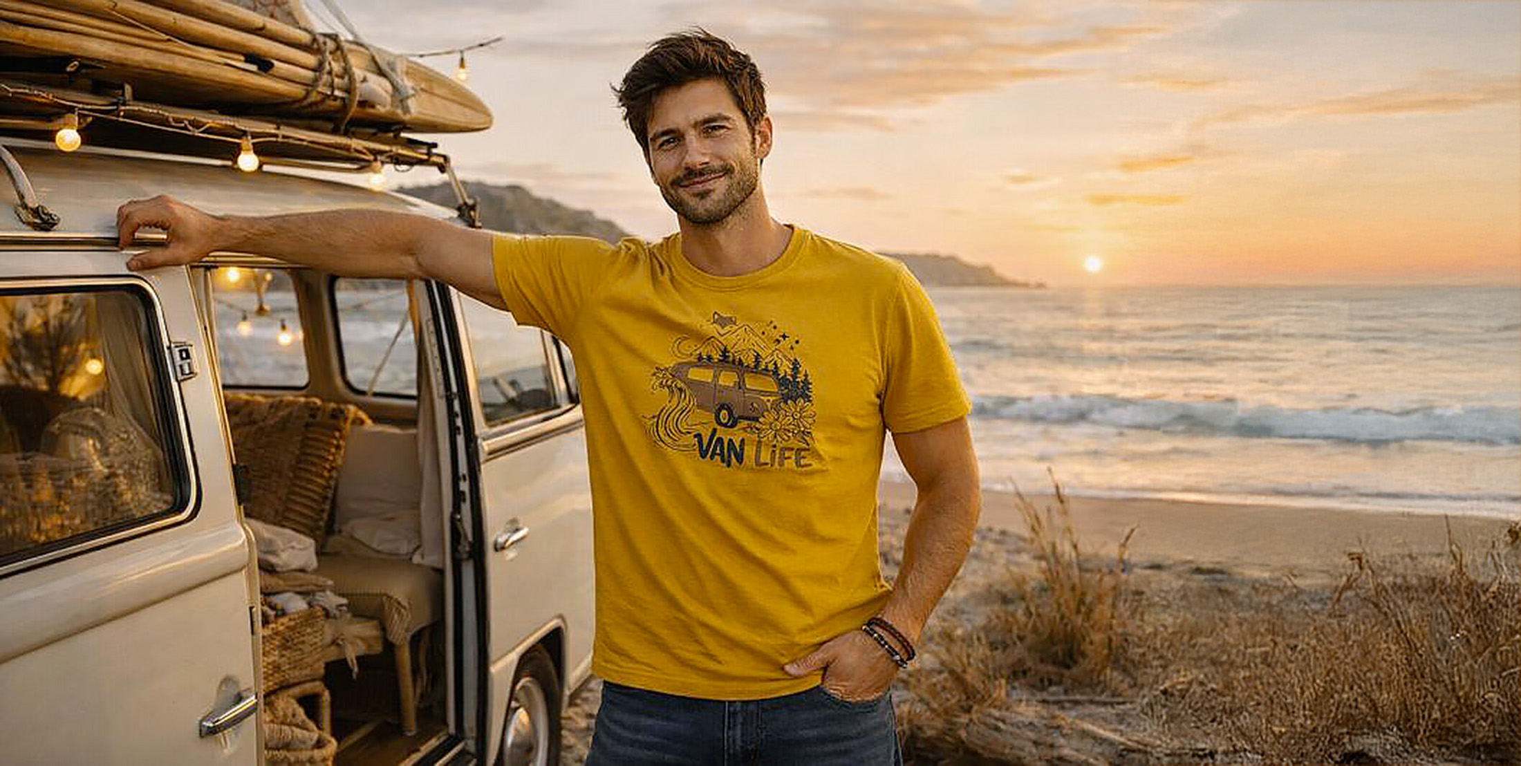 Homme portant un t-shirt jaune illustré en forêt, esprit aventure