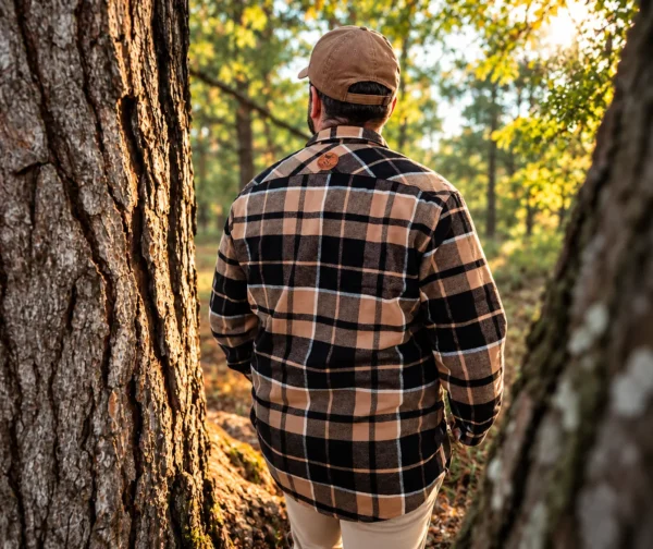 Homme portant une chemise sherpa à carreaux beige et noire dans une forêt