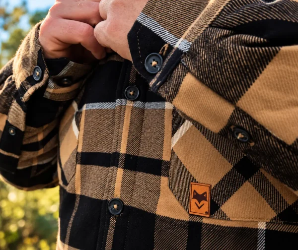 Détail des boutons et de la poche d'une chemise sherpa homme à carreaux beige et noire