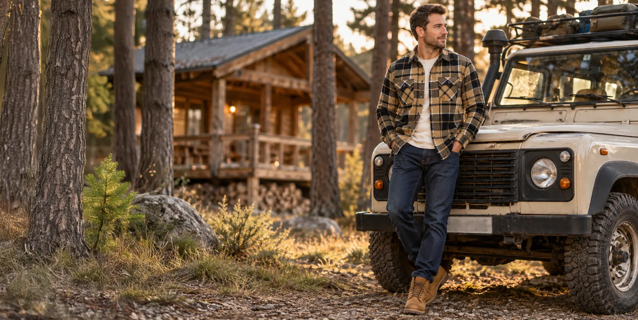 Homme portant une chemise sherpa à carreaux beige et noire devant un véhicule tout-terrain vintage en forêt