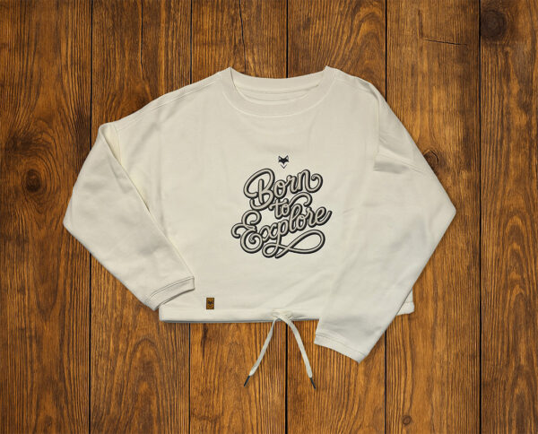 Sweat écru à manches longues avec illustration vanlife, posé à plat sur fond bois