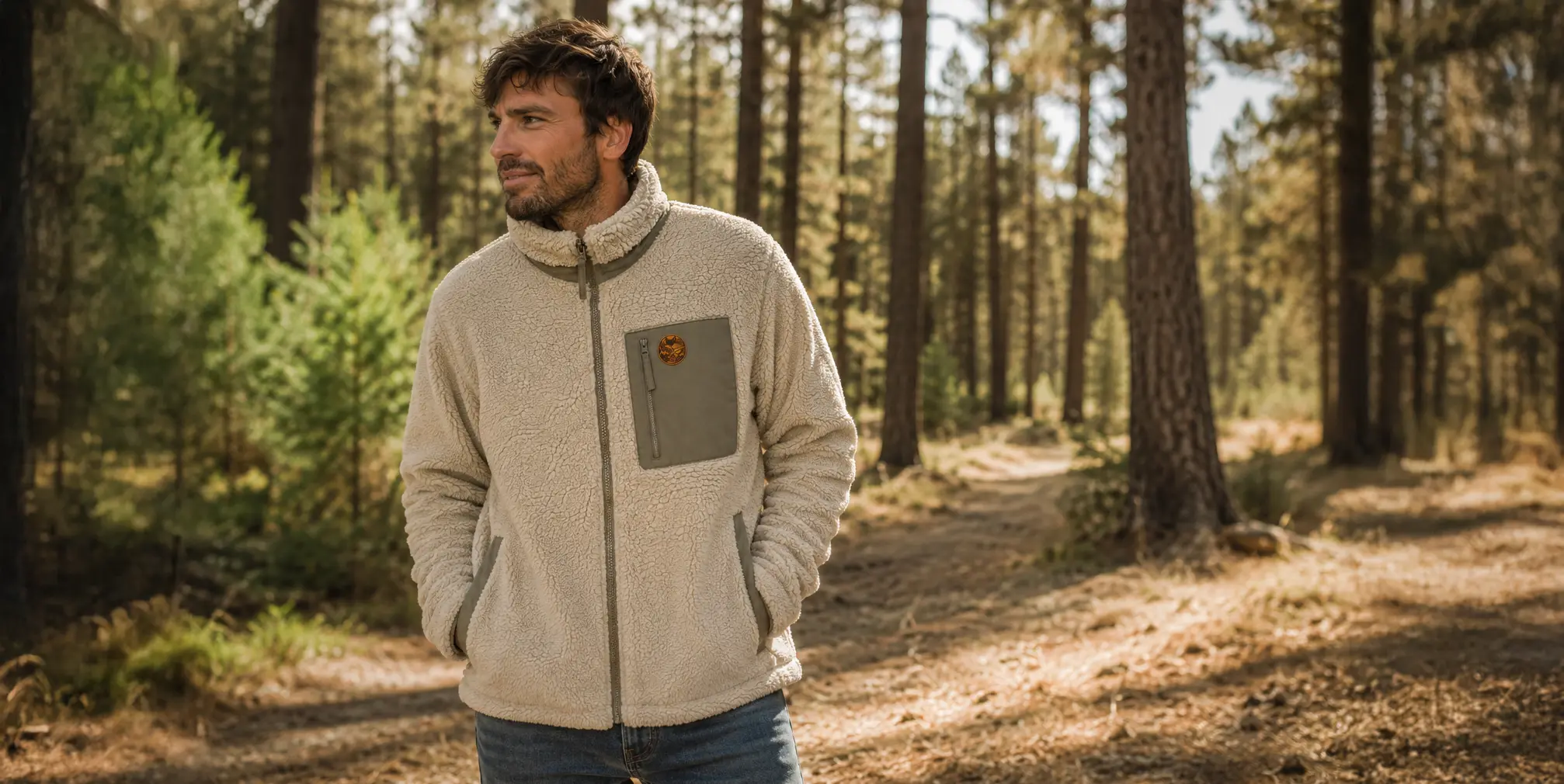 Homme portant une veste sherpa beige en forêt, style van life