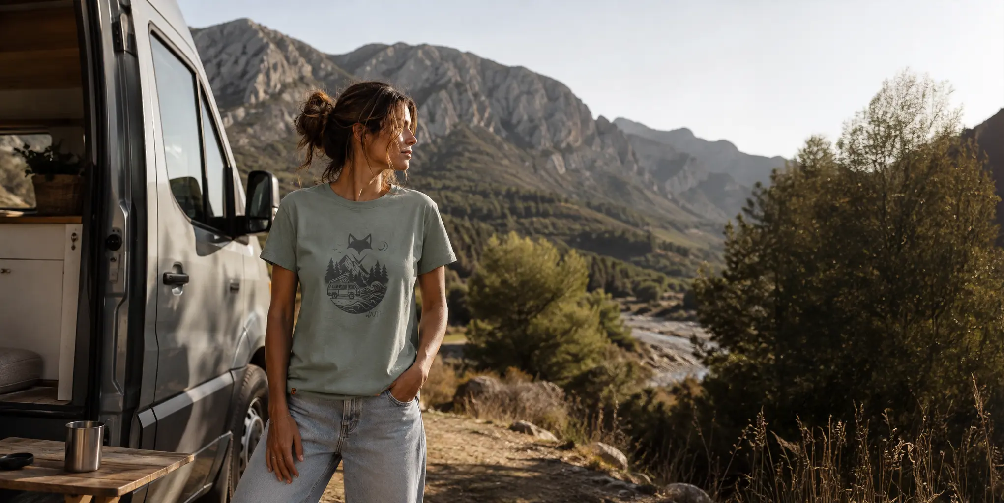 femme portant un t-shirt van life devant son van ouvert entrain de regarder le paysage