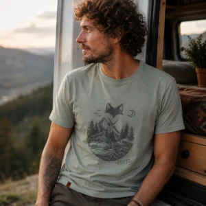 shooting réalisé lors d'un road trip t-shirt écusson suédine van life porté par un homme dans un cadre naturel