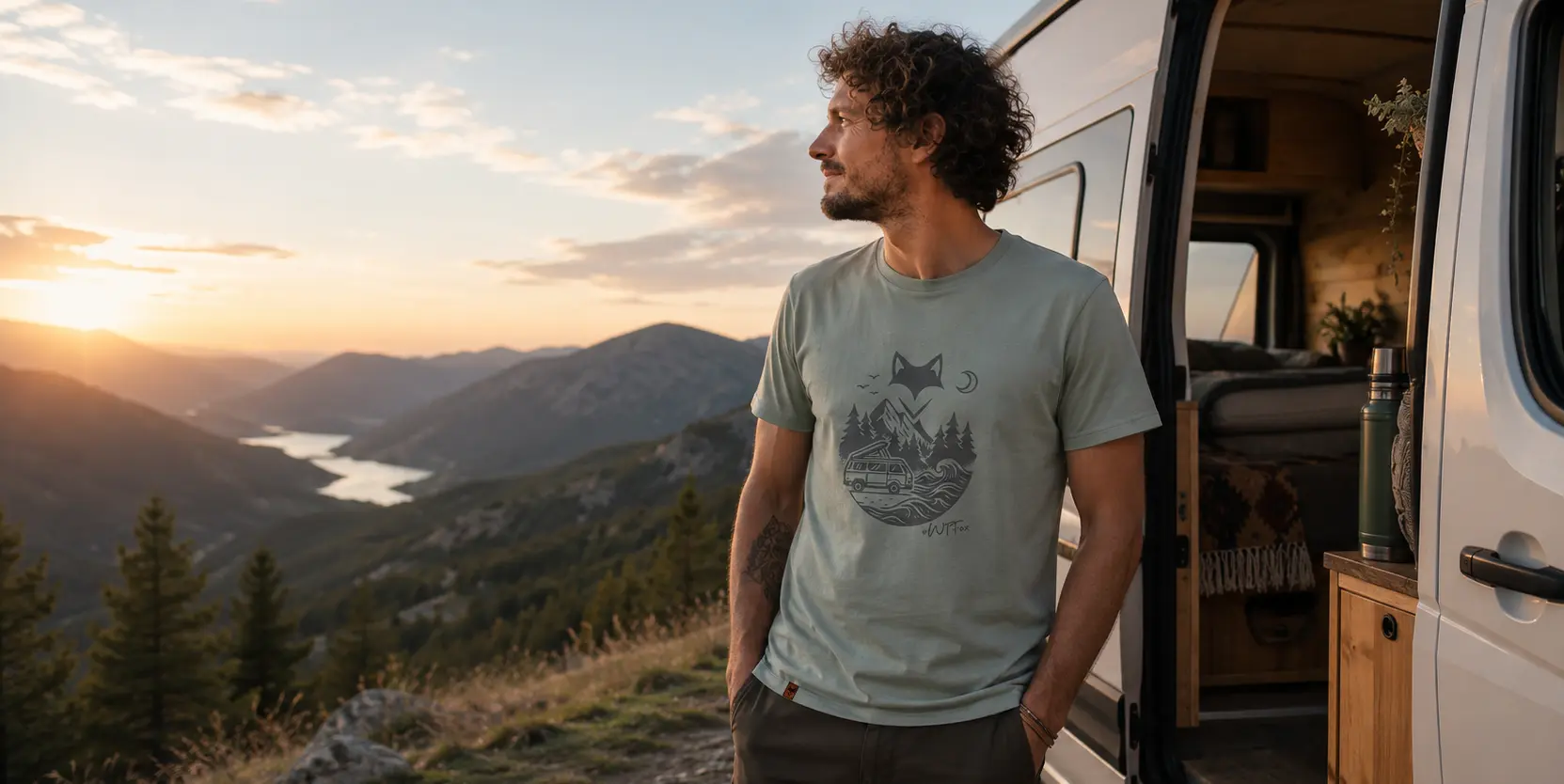shooting réalisé lors d'un road trip t-shirt écusson suédine van life porté par un homme dans un cadre naturel
