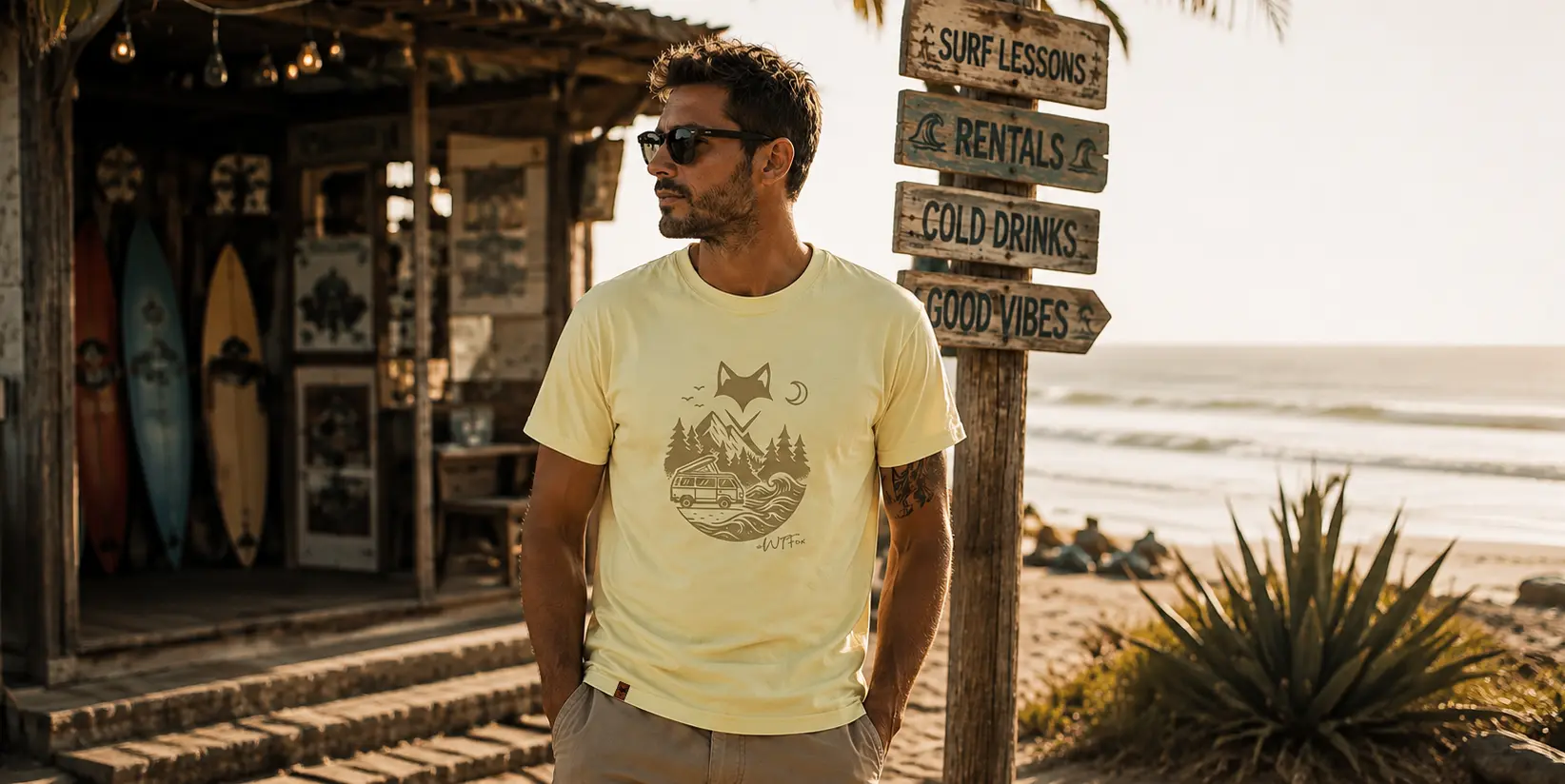 homme portant un t-shirt road trip dans une ambiance de van life en bord de mer