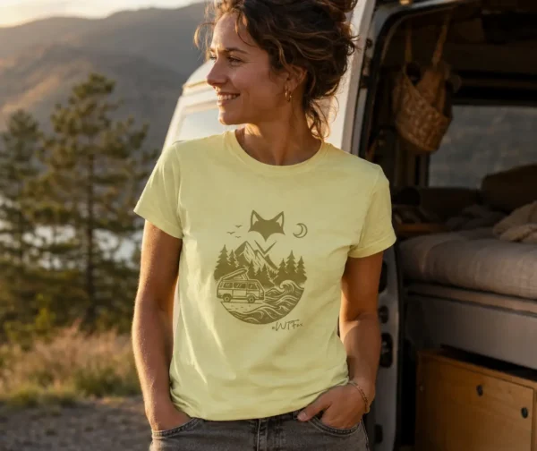 femme devant son van ouvert porte un t-shirt van life jaune pâle en regardant le paysage