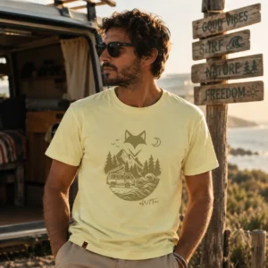 homme en bord de mer portant un t-shirt vanlife