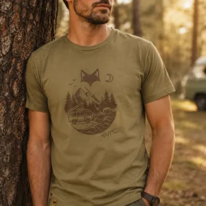 Homme portant un t-shirt van life appuyé sur un tronc d'arbre lors d'un bivouac